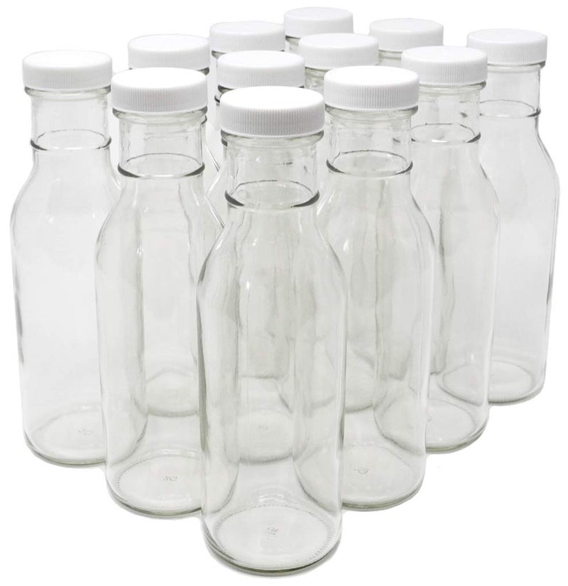 nicebottles Clear Glass Beverage/Sauce Bottles, 12 Oz, White Caps - Case of 12 - Image 1
